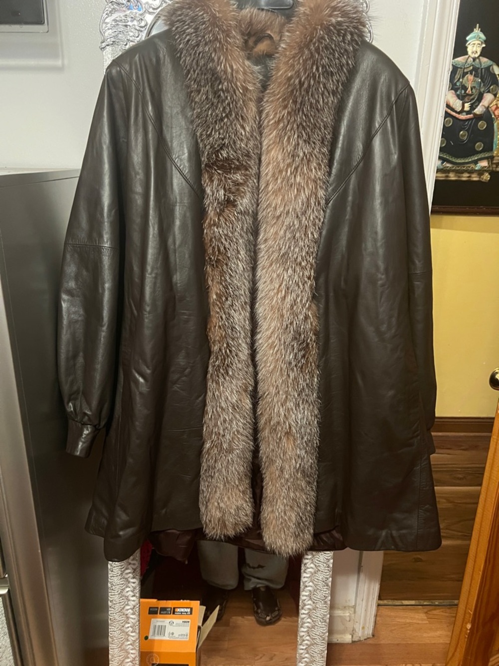 Fabulous Furs Dark Brown Leather Trench with Brown Fur Trim